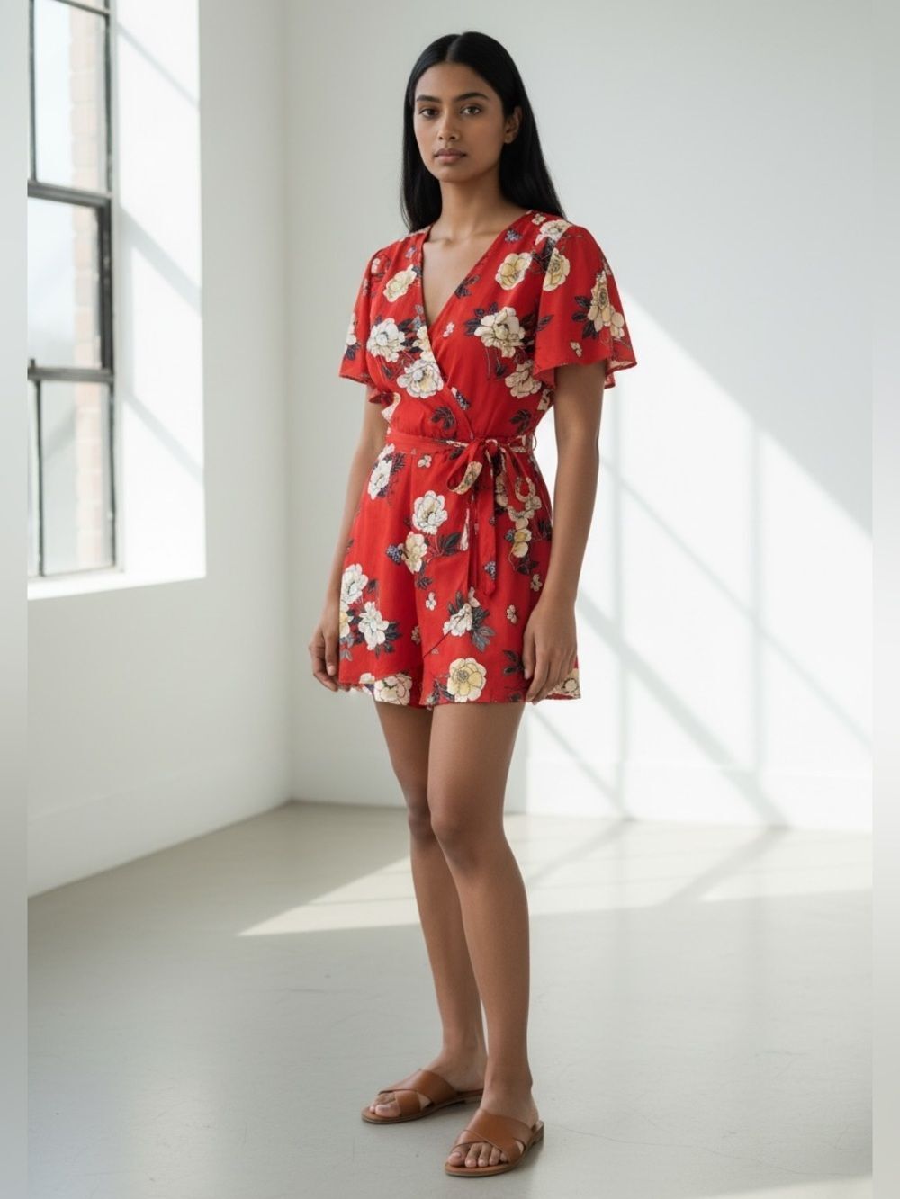 Red Floral Faux Wrap Skort Romper. Size Small